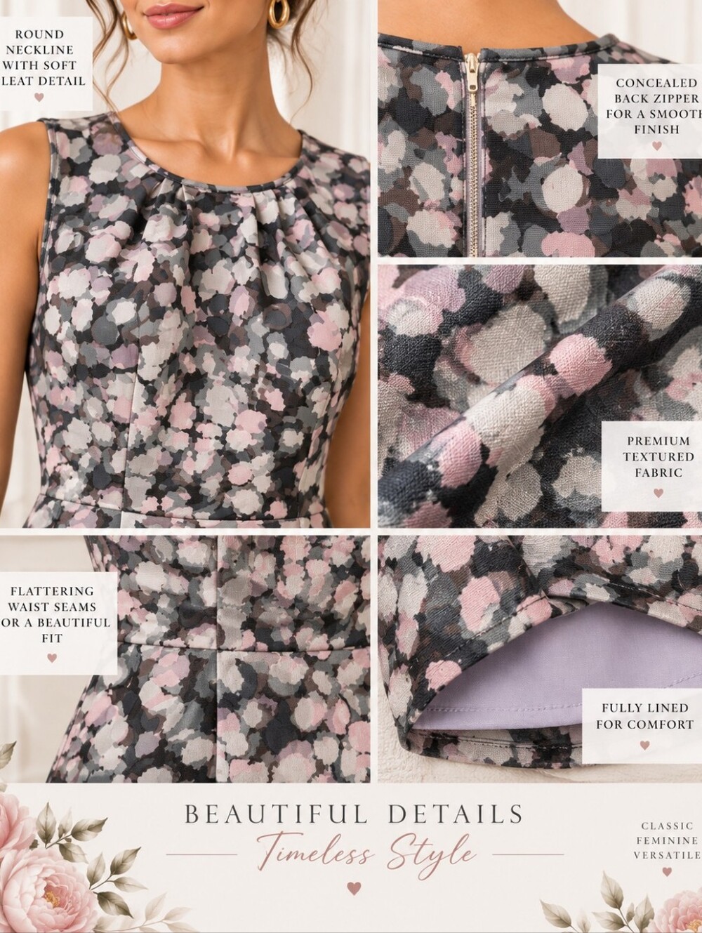 LOFT | Elegant Pink And Gray Sheath Dress  Pleated Neck | Size 6 - Picture 3 of 9